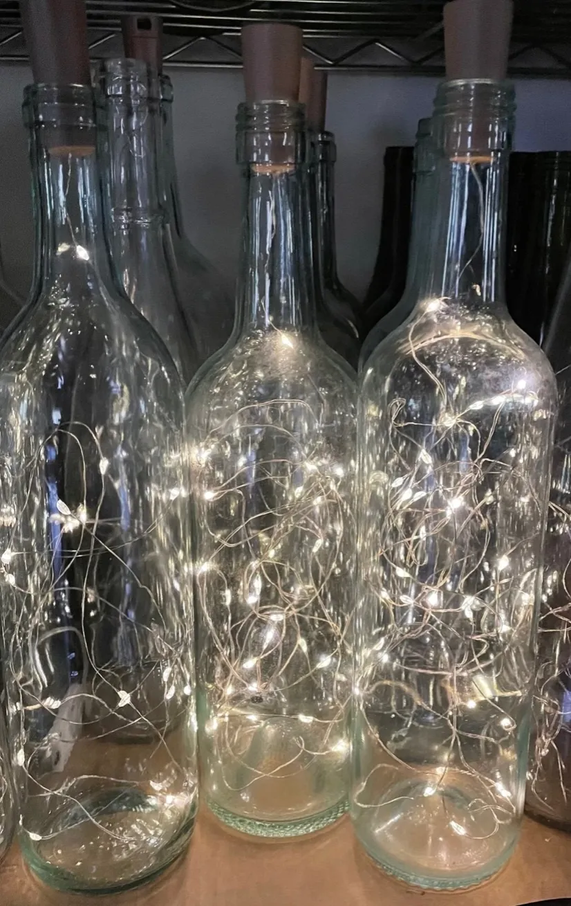 Corked Clear Wine Bottles with Fairy Lights