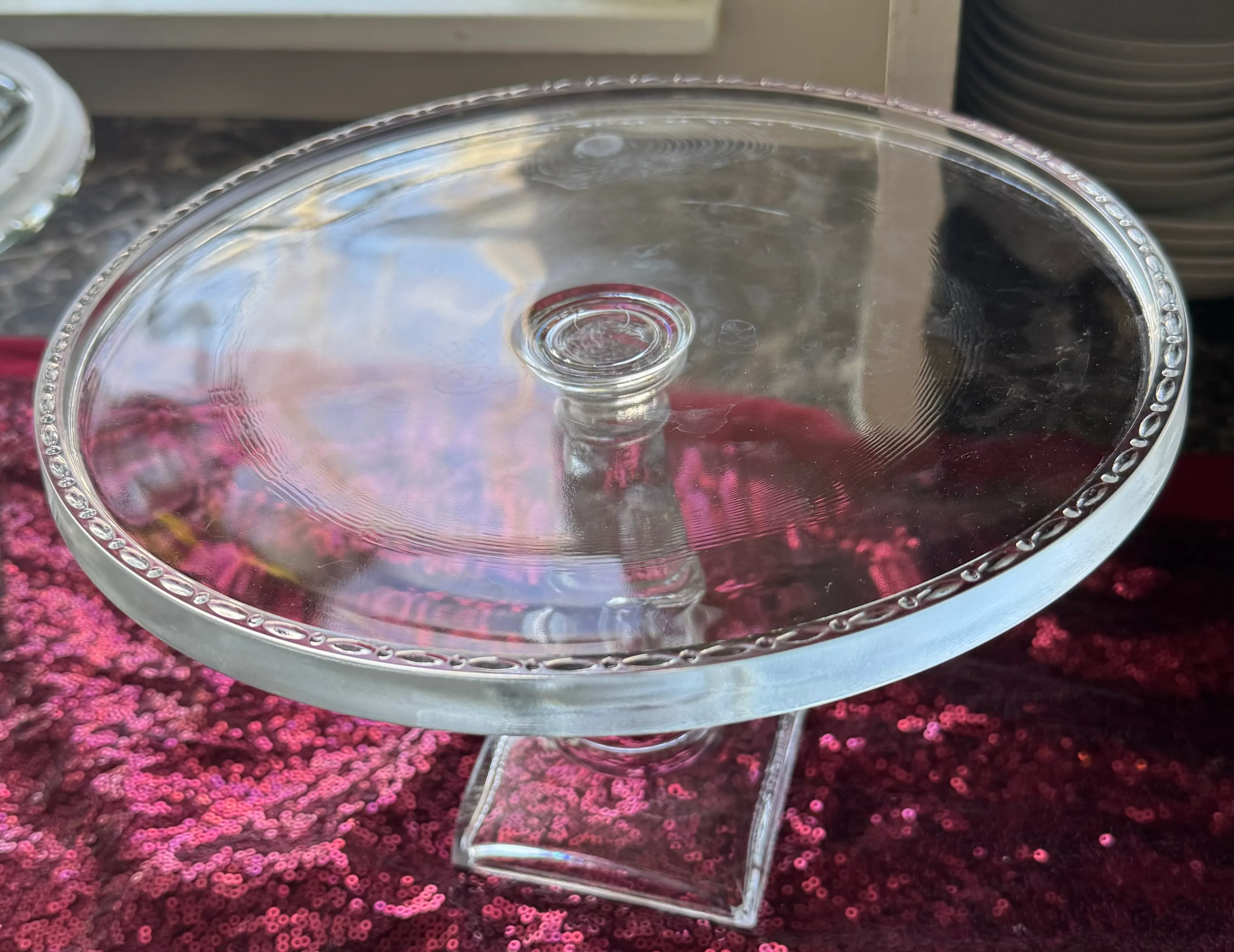 Glass Cake Stand with Raised Pedestal (measures 9” across)