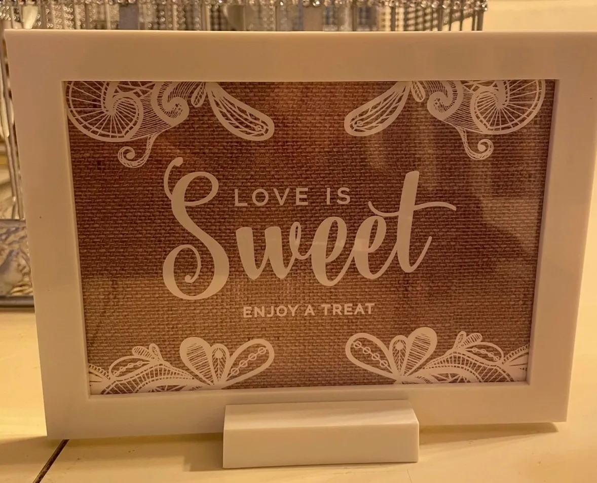 “Love is Sweet” Burlap White-Framed Sign