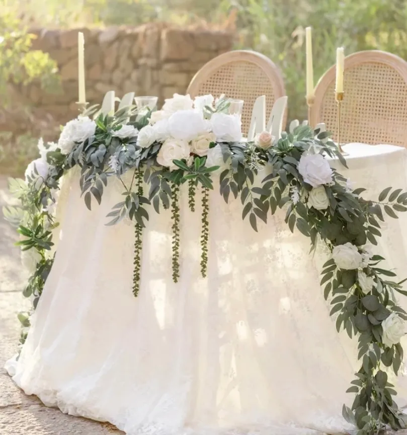 Ling’s Moments 9’ Head Table Garland in White & Sage