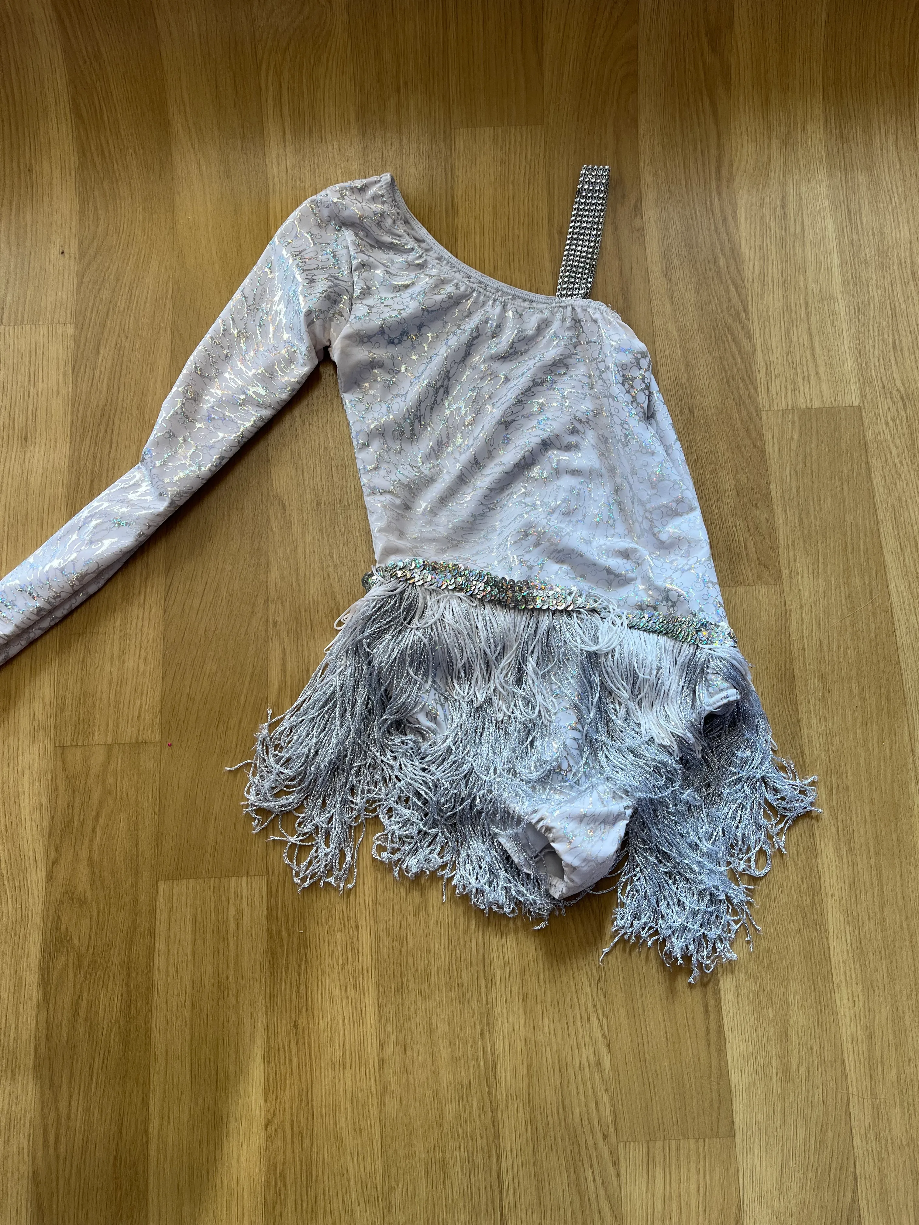 Fringe Leotard- White and Silver 