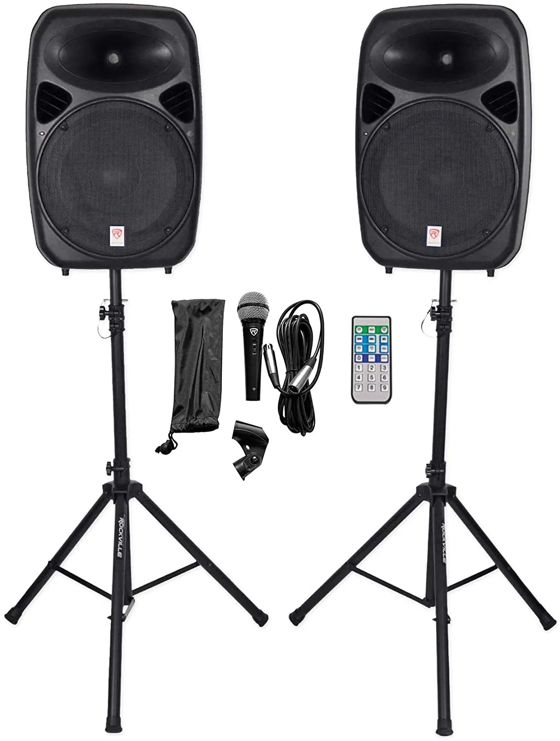 Rockville Dual 15' Powered Speakers, Bluetooth+Mic+Speaker Stands