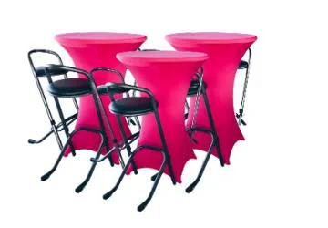 Pink pakket / Mini pakket 3 statafels + roze stretch hoezen + 9 krukken