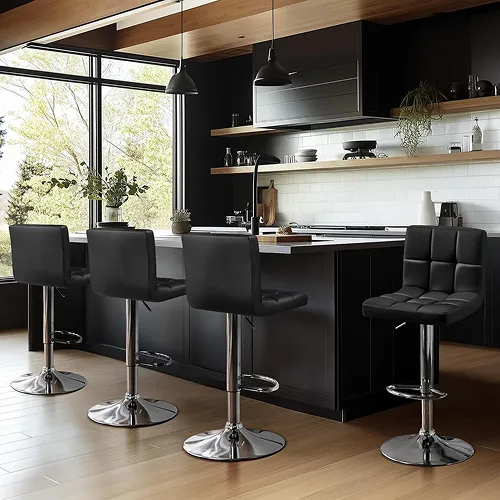 PU Leather Swivel Barstools - Black