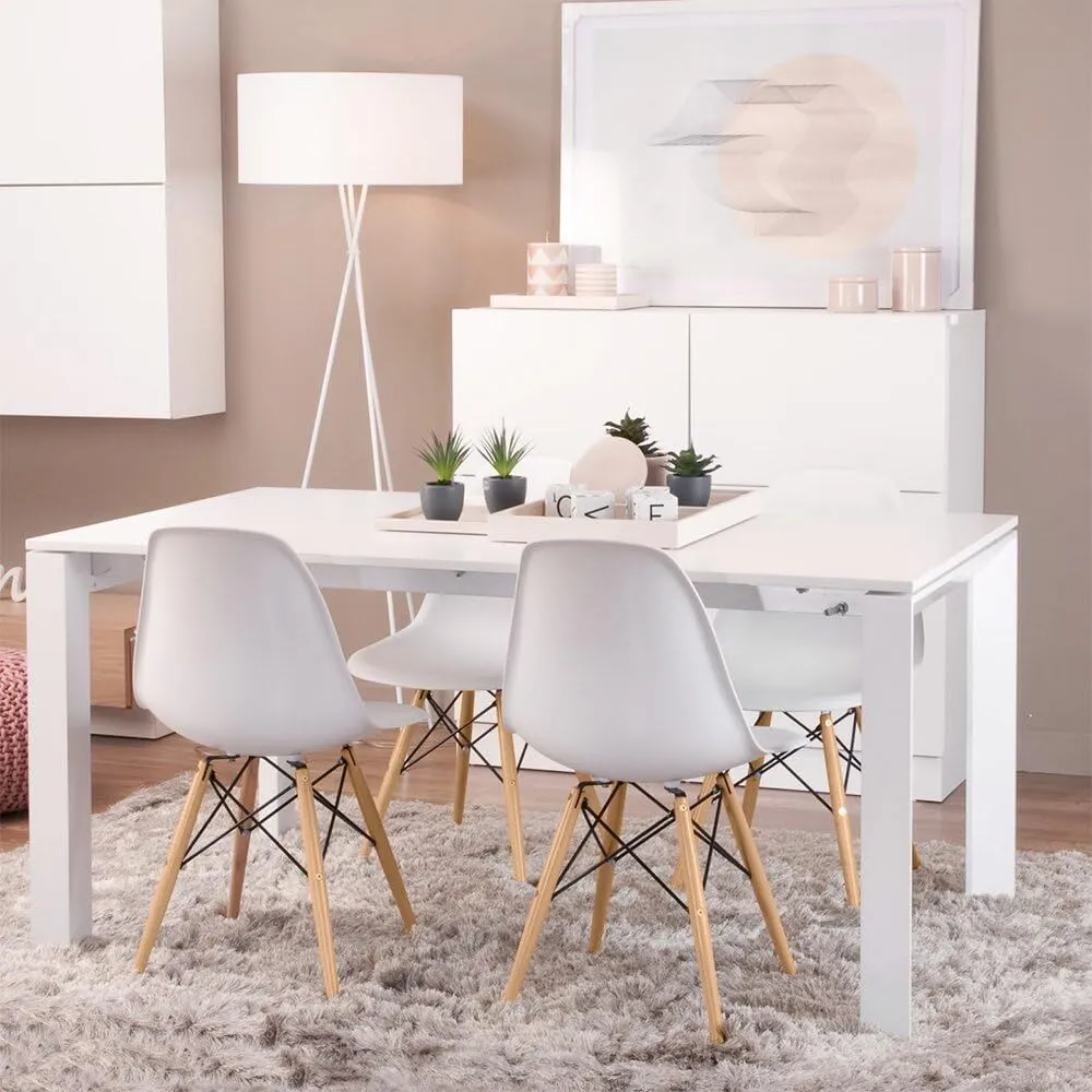 Dining Chair with Wooden Legs and Black Metal Cross - White
