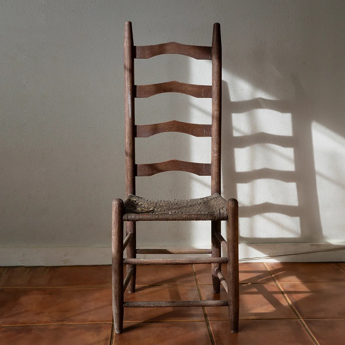 Antique Farmhouse Ladder Back Chair with Elongated Finials & Splint Seat