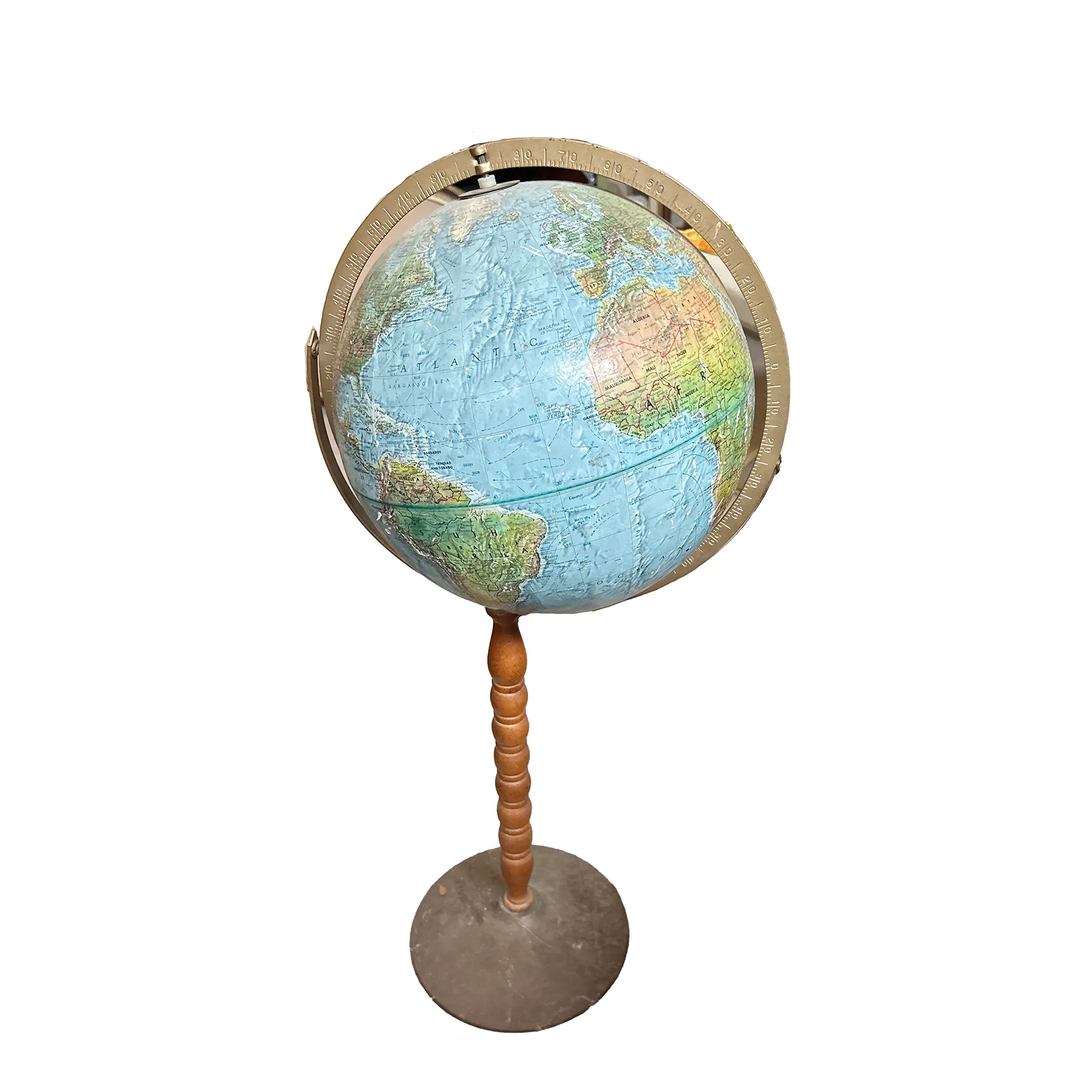 Vintage Replogle Floor Globe - Double Axis - Raised Relief - Maple Stand - Metal Base - MCM Library Decor