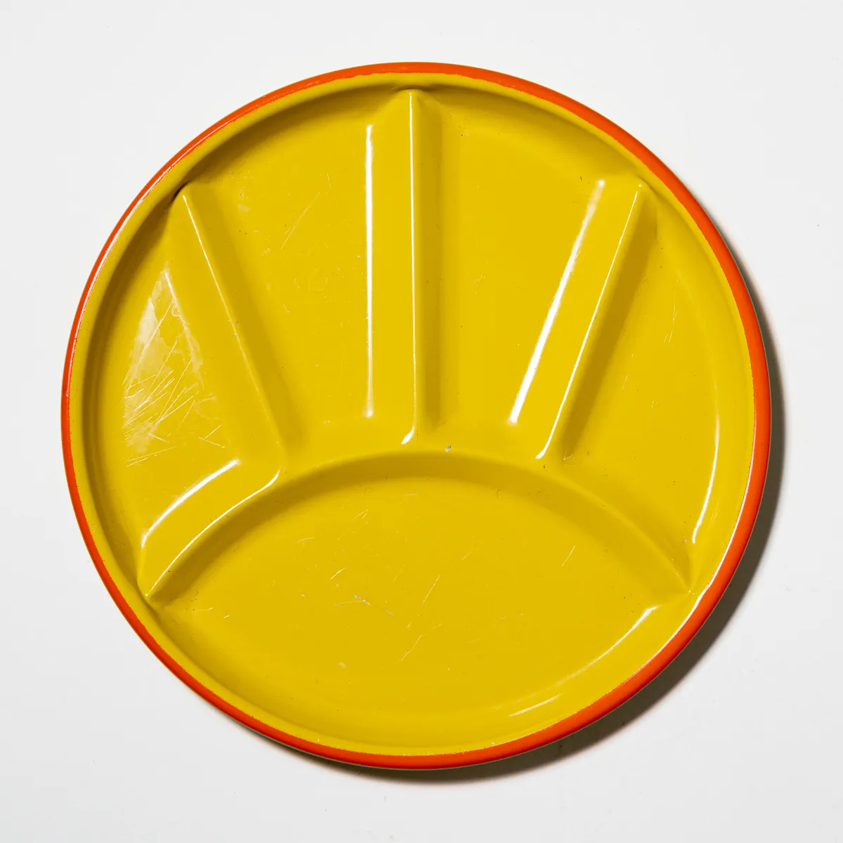 Vintage Yellow with Orange Trim Retro Metal Enameled Divided Fondue Plates Enamelware Picnic Plates / Camping Dinnerware / Appetizer Plates