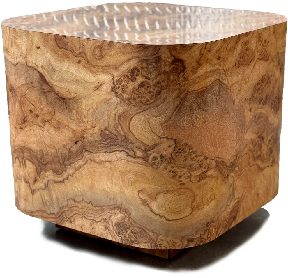 Pair Formica Burl Wood Side Cube Tables in the Style of Milo Baughman