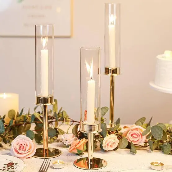 Clear Glass Gold Hurricane Candle Holder