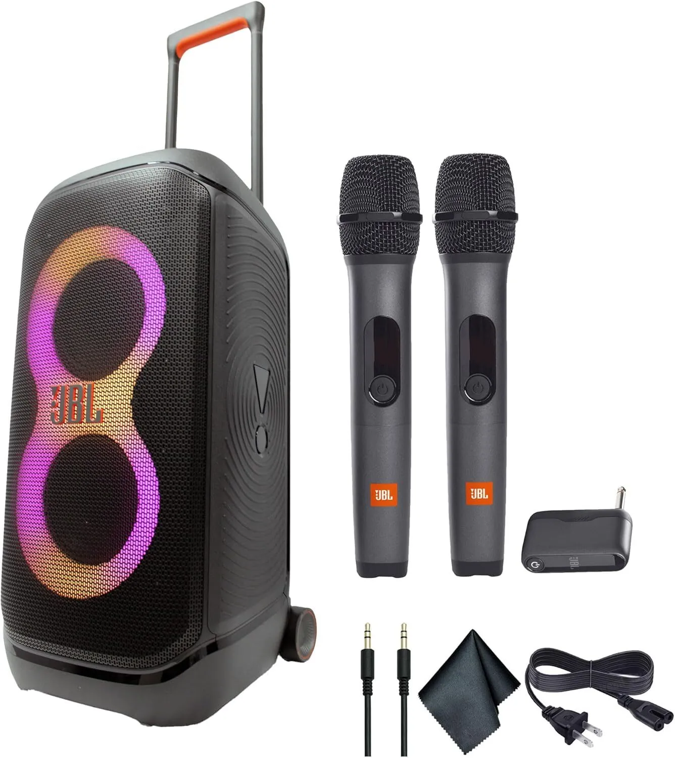 JBL PartyBox Stage Portable Wireless Speaker, + Wireless Two Microphone System with Receiver + AUX Cable 
