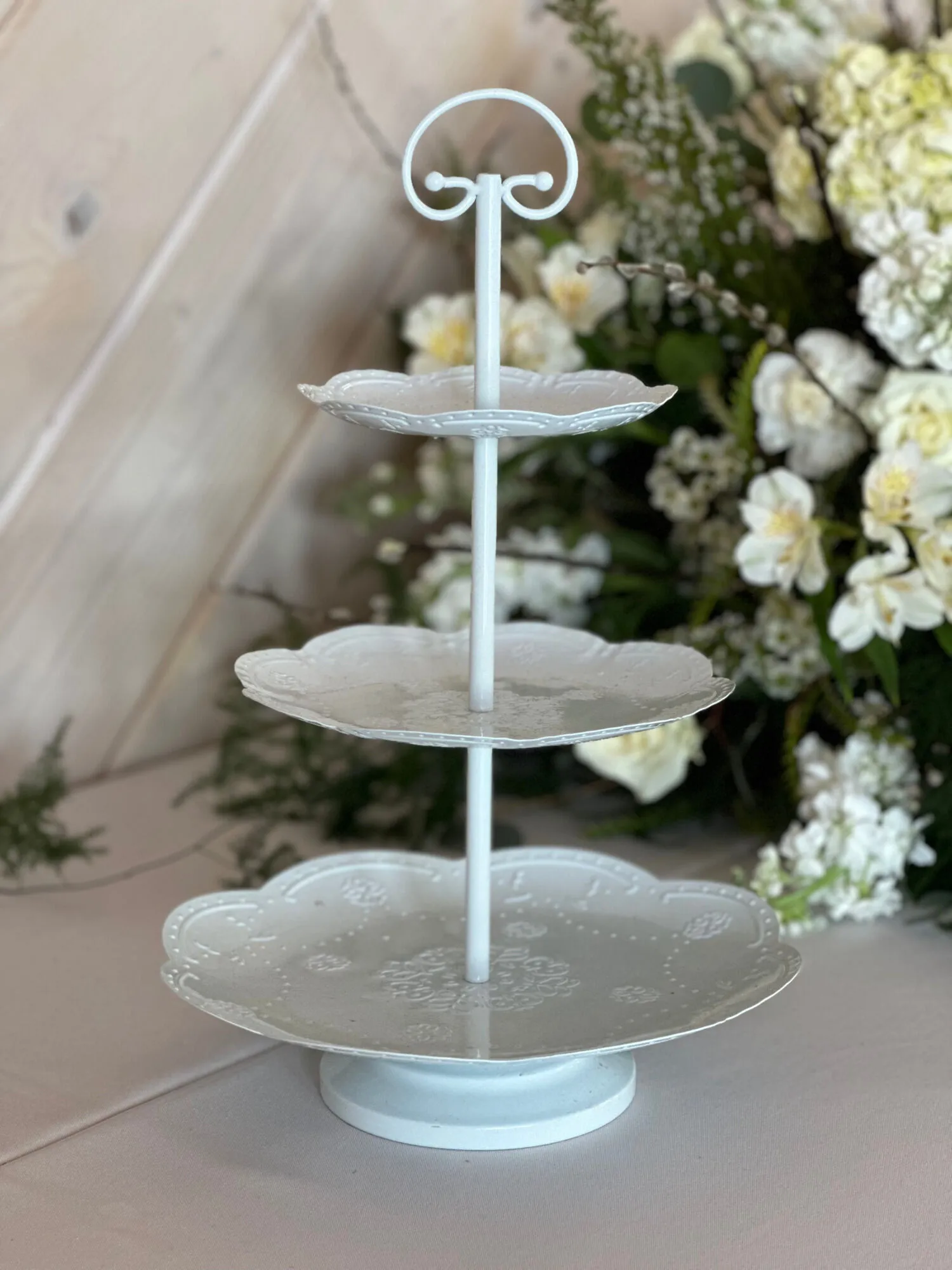 White Metal Tiered Tray Wedding Rentals & Decor Borrowed & Blue