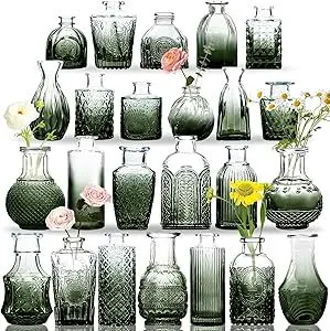 12 Pack Numbers (#13-#24) Green Vintage Small Glass Bud Vase for Centerpieces - Flowers- size variety between 3.0"- 5 1/2" tall