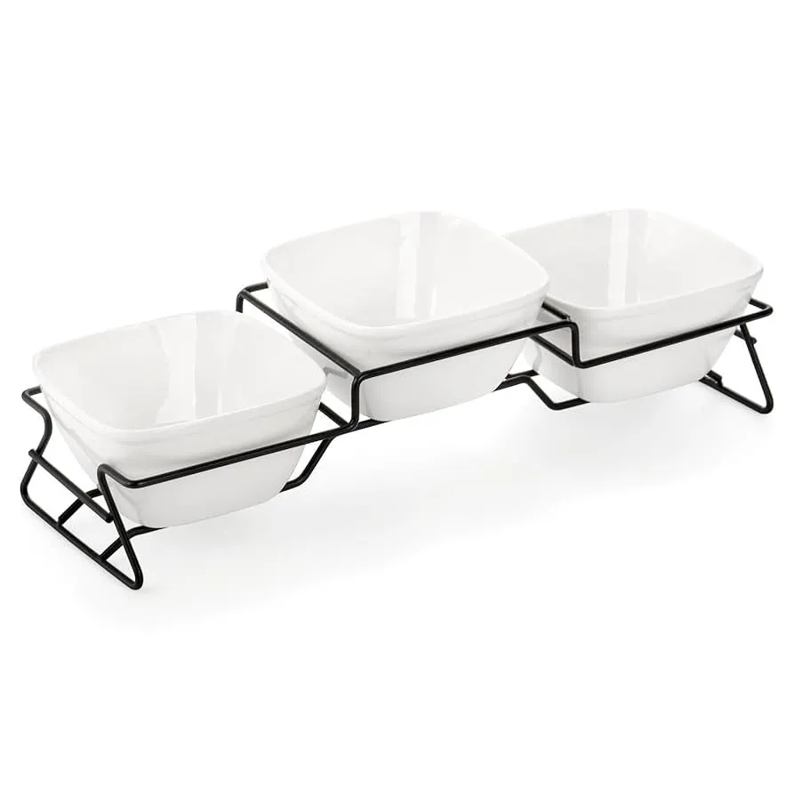 Square Bowl Chip & Dip Serving Set, each dish holds 10oz 4.4" wide, 2.2" high, microwave, dishwasher, oven, and freezer safe