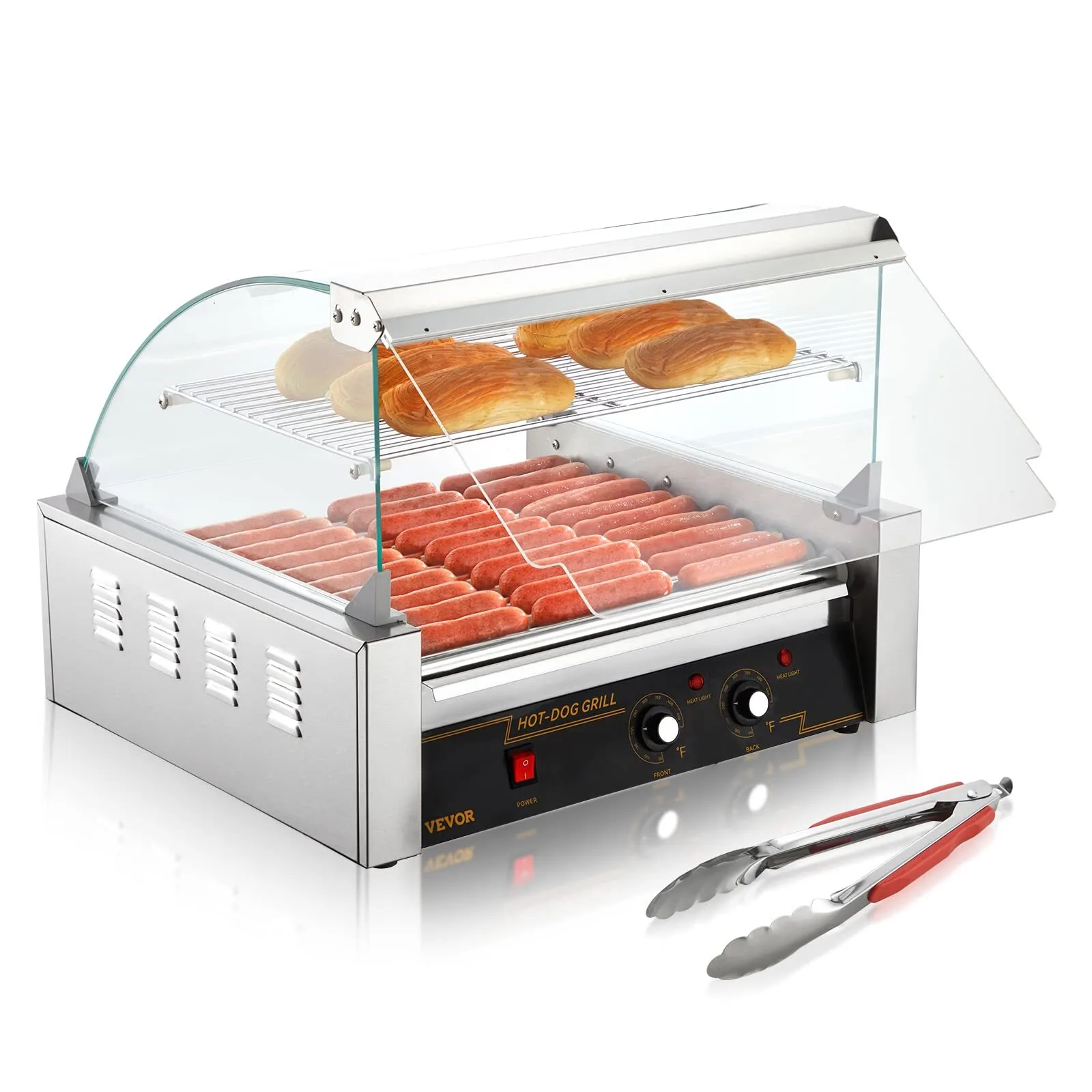Hot Dog Roller, 11 Rollers 30 Hot Dogs Capacity, 1650W Stainless Sausage Grill Cooker Machine with Dual Temp Control Glass Hood Acrylic Cover Bun Warmer Shelf Removable Drip Tray, ETL Certified Commercial Grade 18"height-22"width-19"depth