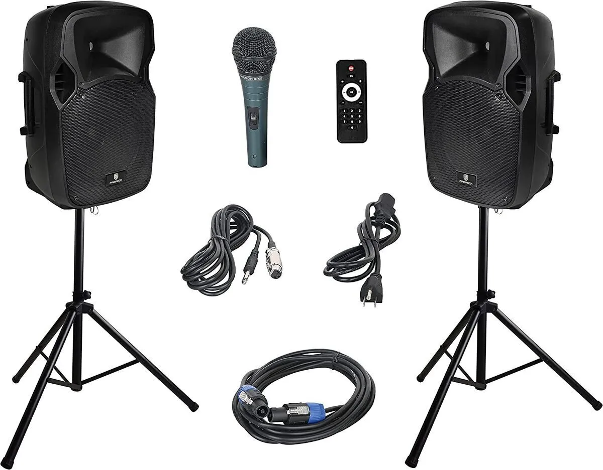 PARTY 12 1000W PA/SPEAKER SYSTEM WITH SPEAKER STANDS - Bluetooth-wired Mic