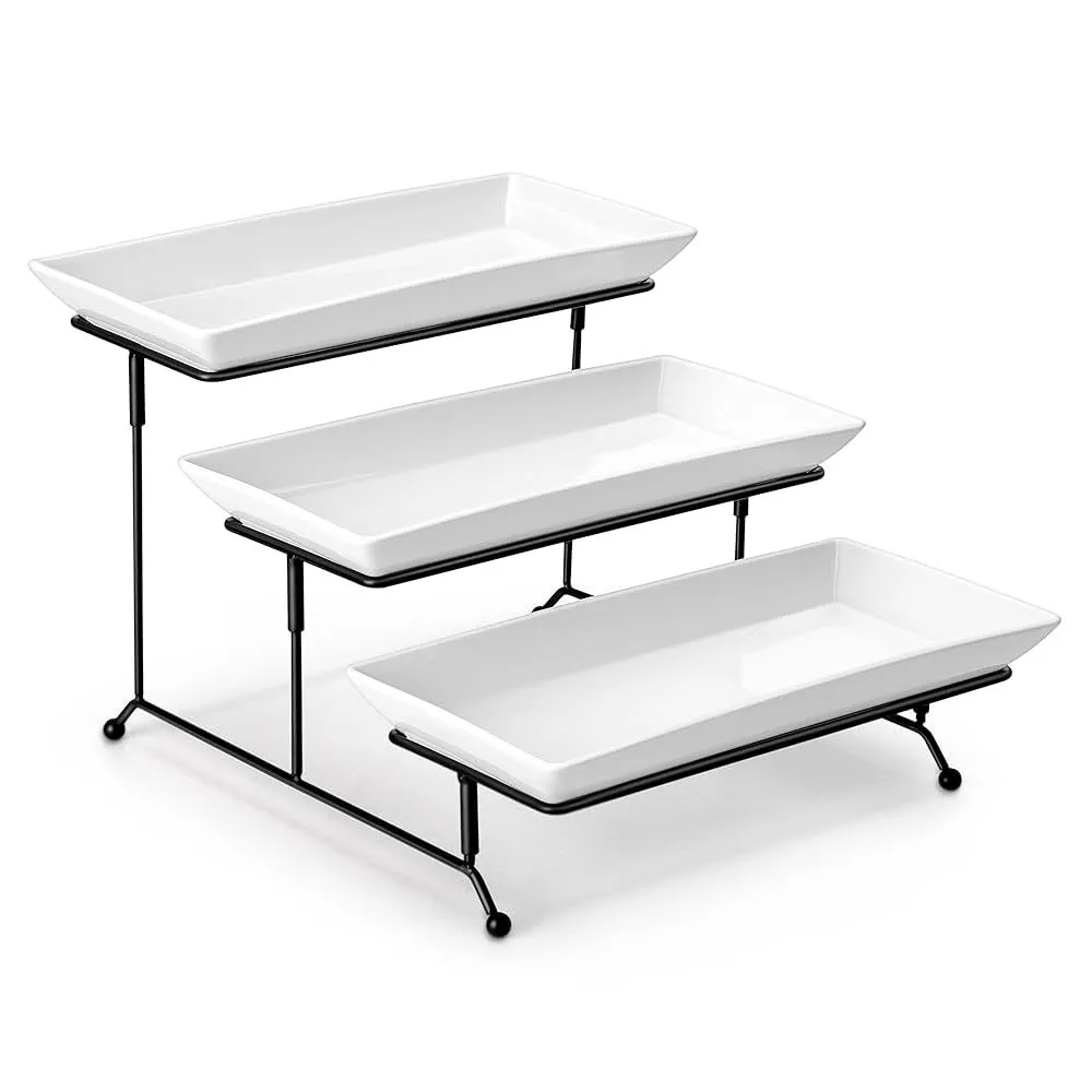 3 Tier Serving Trays for Party, Porcelain Serving Platters and Trays, 12 Inch Tiered Tray Stand, Fruit Tray, Trays for Serving Food, Metal Stand