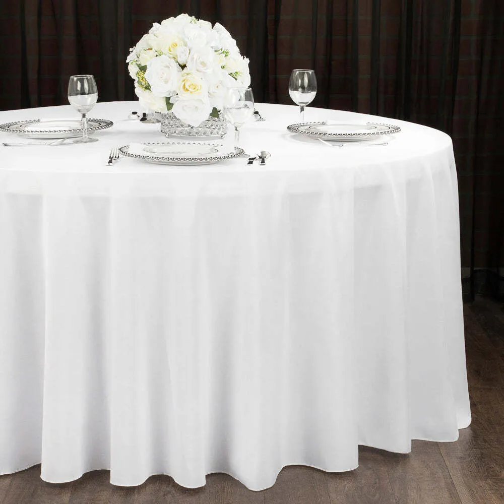 White 120" polyester round table linen 