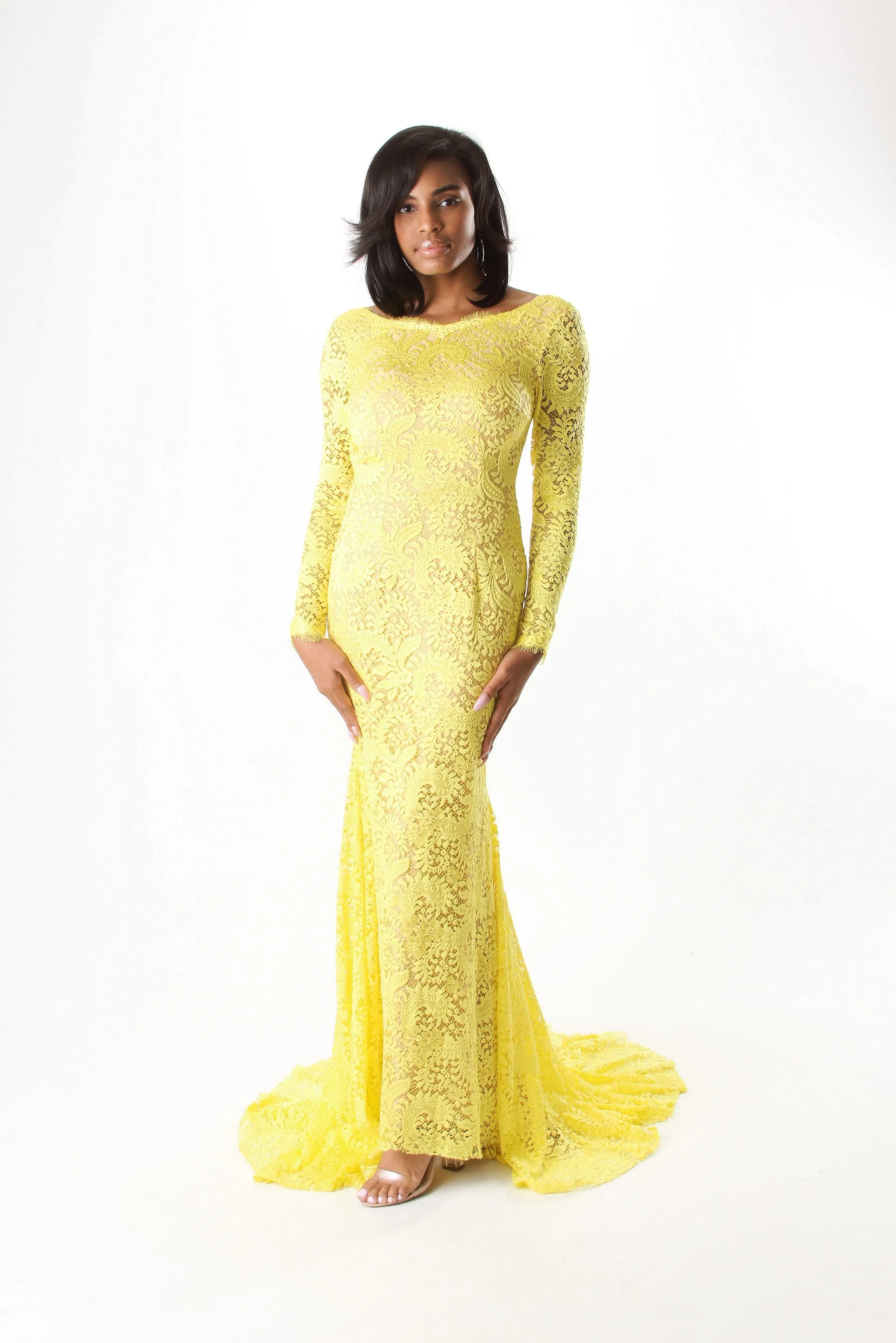 Long Sleeve Open Back Pleated Train