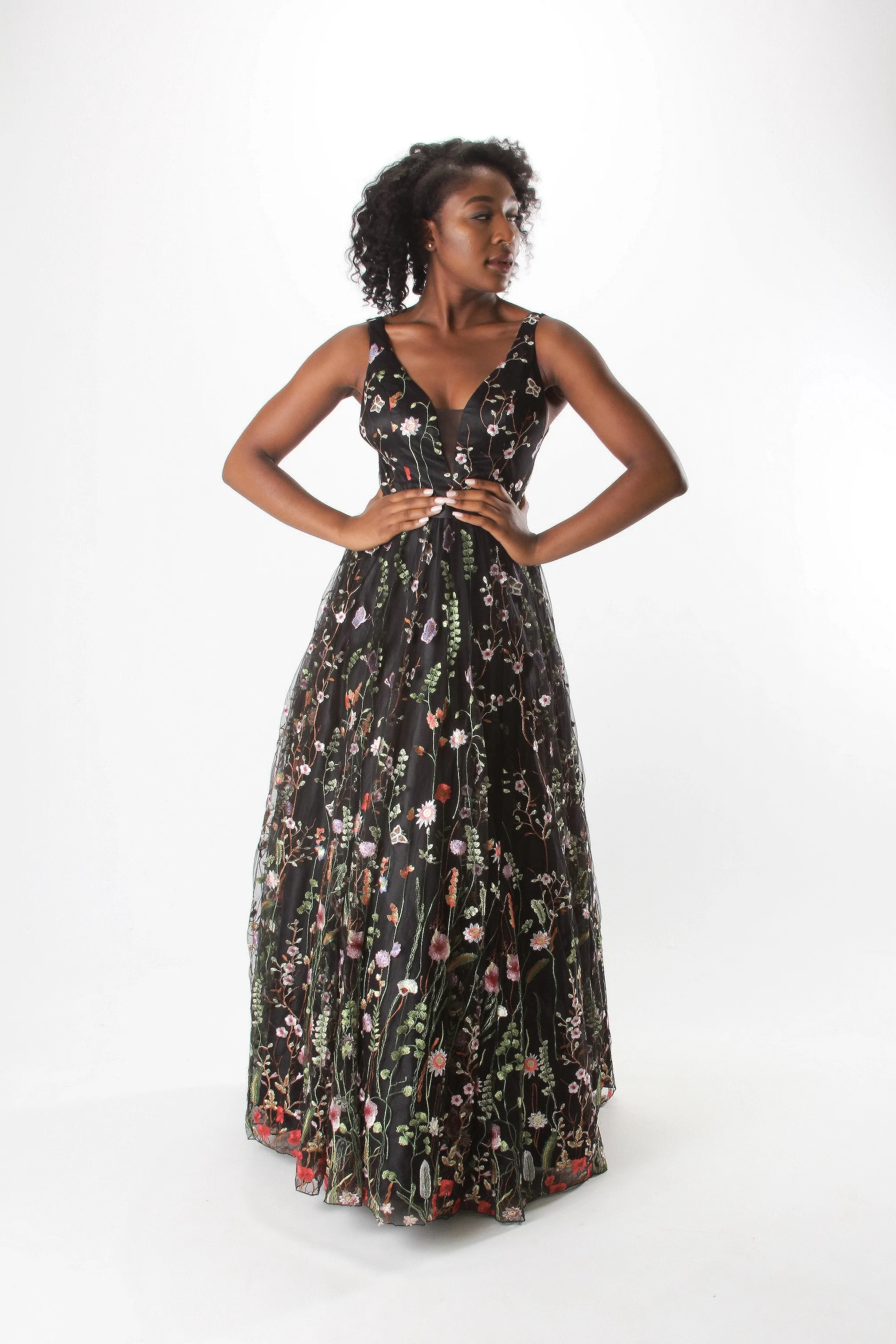 V Neckline with embroidered flowers