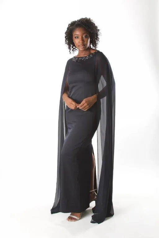 Sheer Scarf Detailed Gown with Beaded Neckline