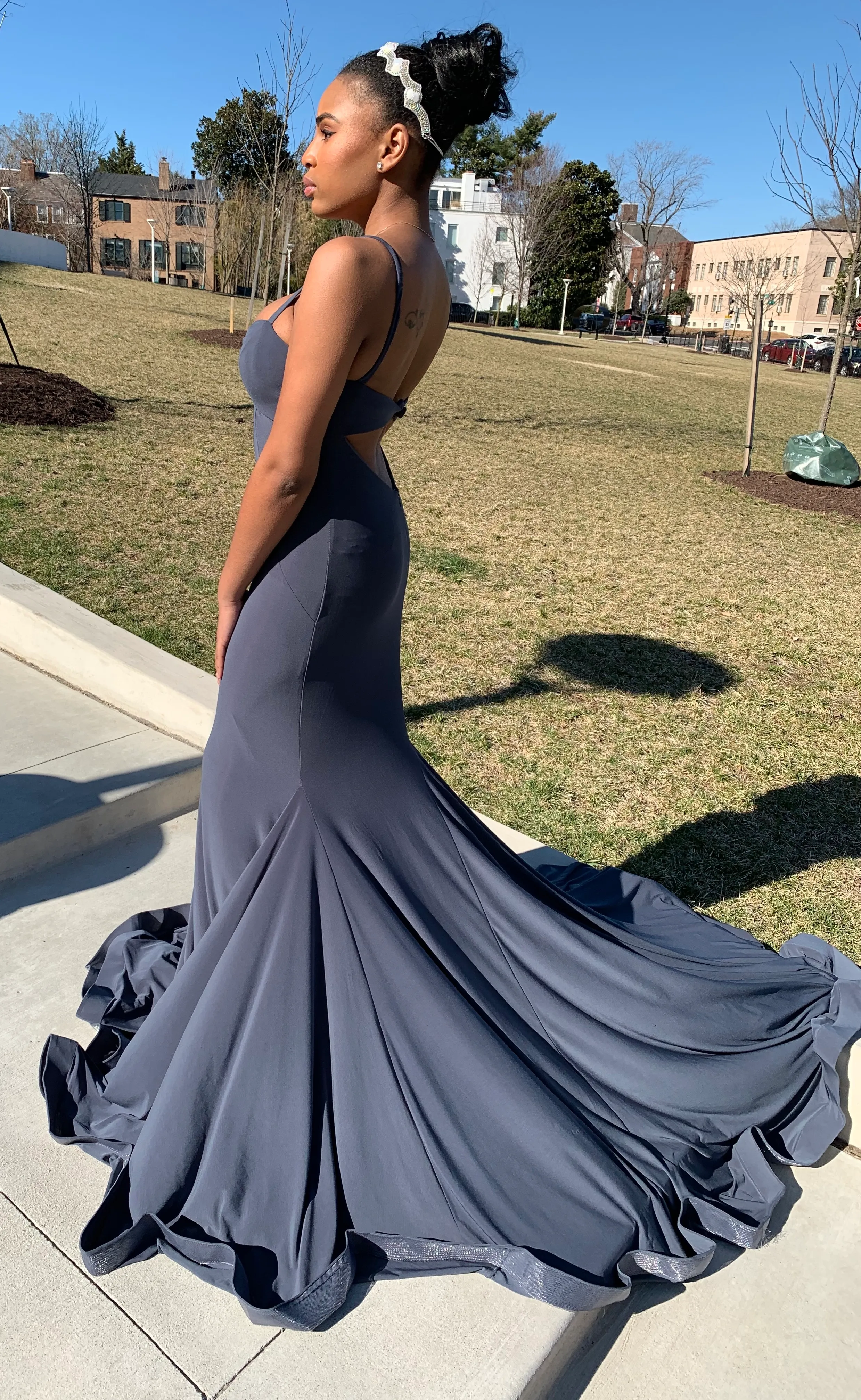 Spaghetti Strap Open Back Wavy Hem Gown