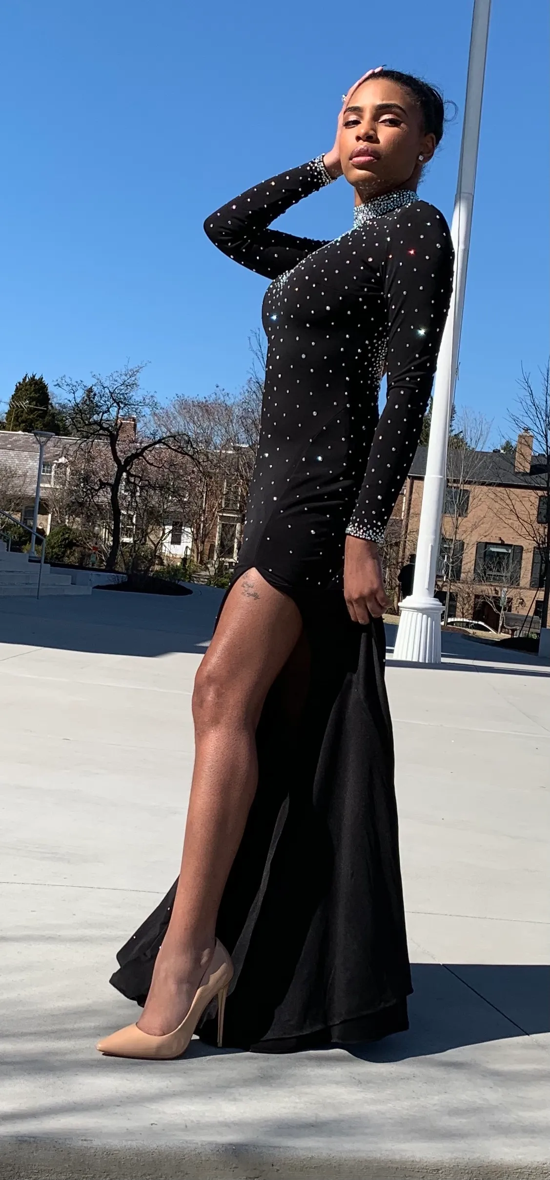 Long Sleeve Rhinestone Gown with Side Split