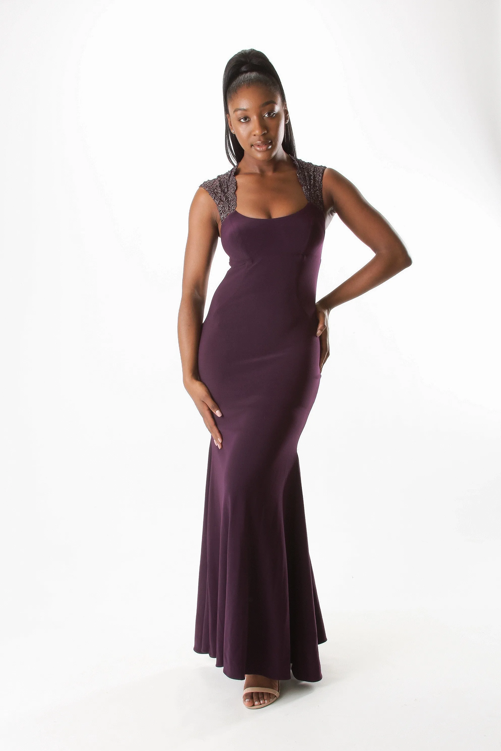Embellished Lace Shoulders And Back With Pleated Bottom