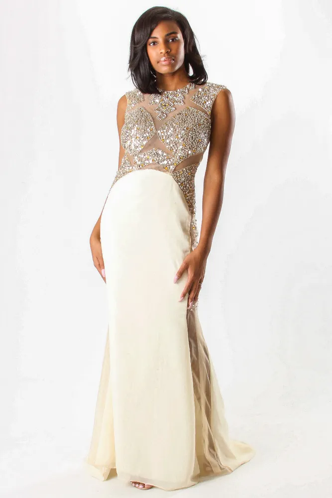 Sheer and Beaded Bodice with Short Train