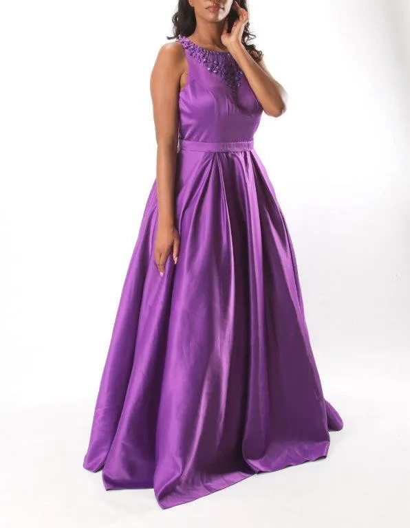 Ball Gown with Beaded Neckline Open Back with Bow