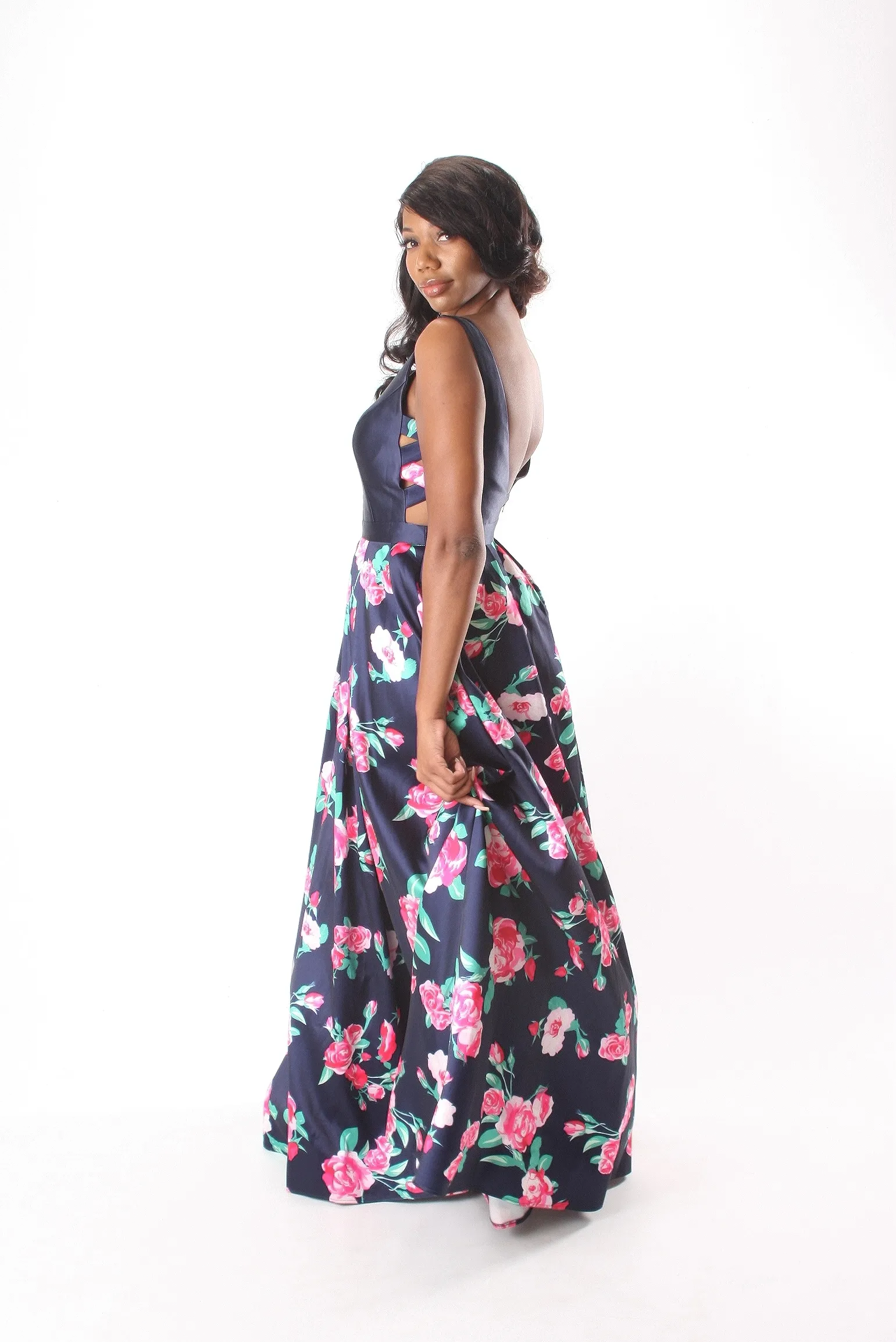 Navy Flowered A-Line Gown