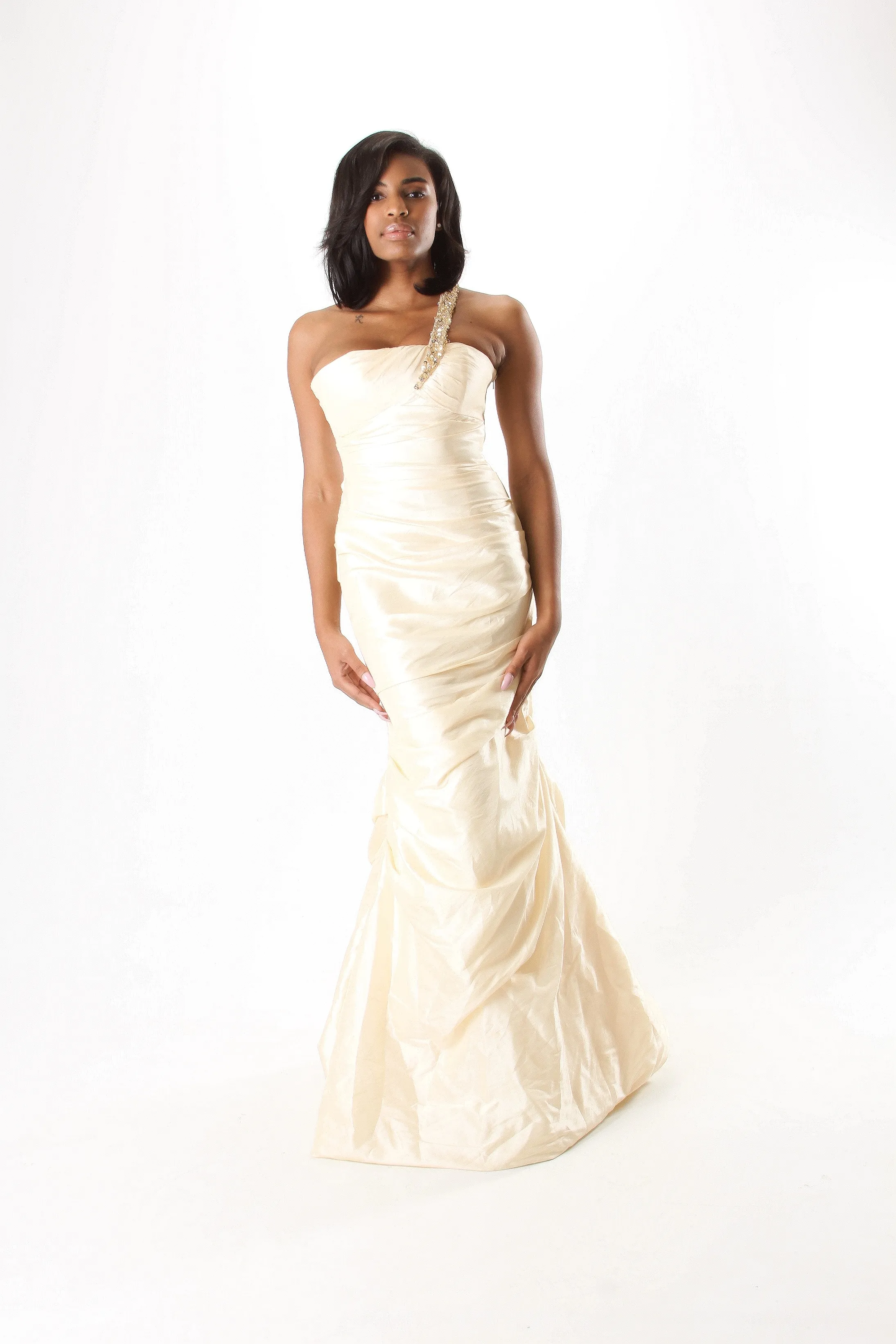 One Shoulder Embellished Strap Ruched Gown