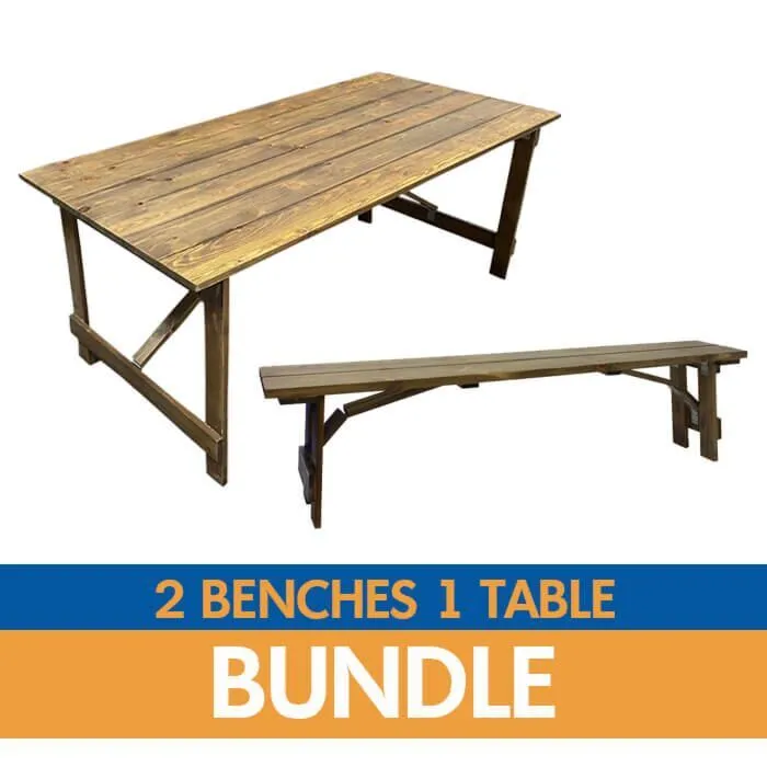 6ft Rustic Trestle Table & 2 Wooden Benches Bundle