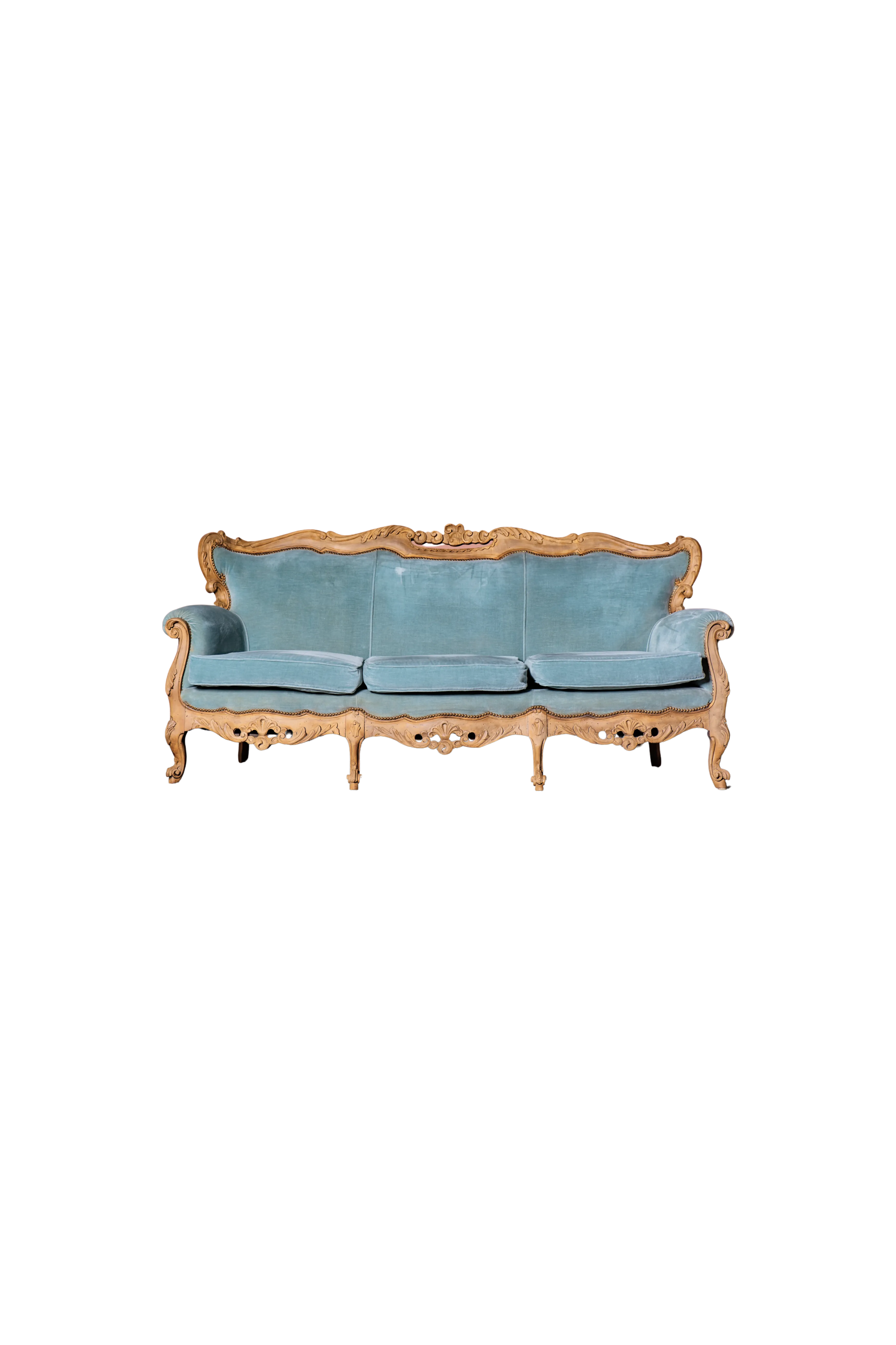 DAMERINO - Divano velluto azzurro e legno lavorato
