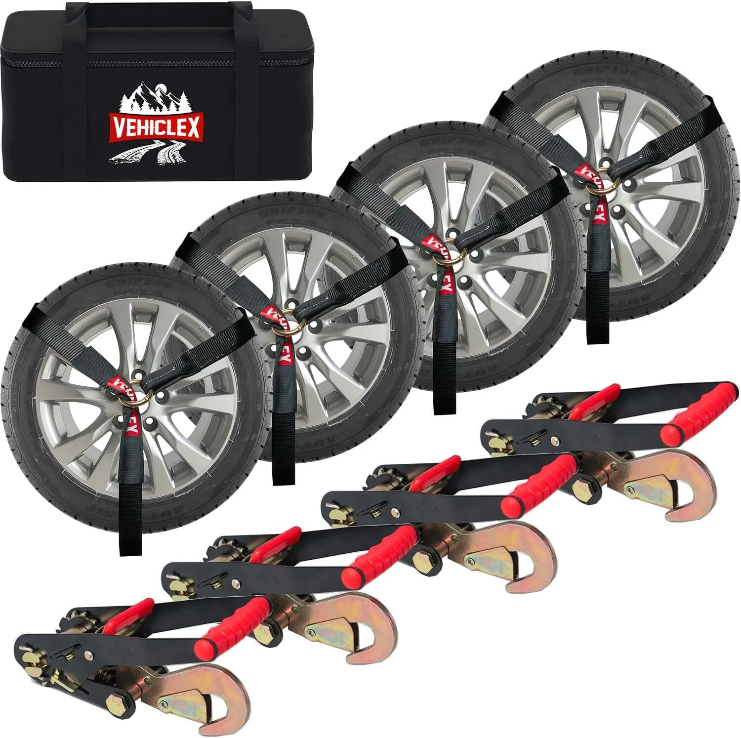 Correas de amarre tipo lazo VehicleX con ganchos de cierre - Paquete de 4 unidades, 2" x 10', con trinquete.