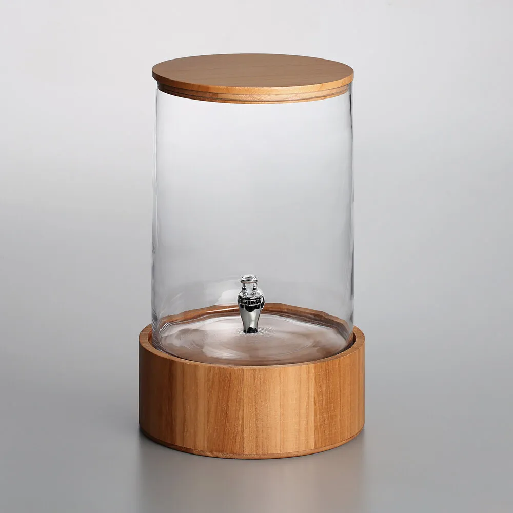 3 Gallon Slim Glass Beverage Dispenser with Wood Lid and Base