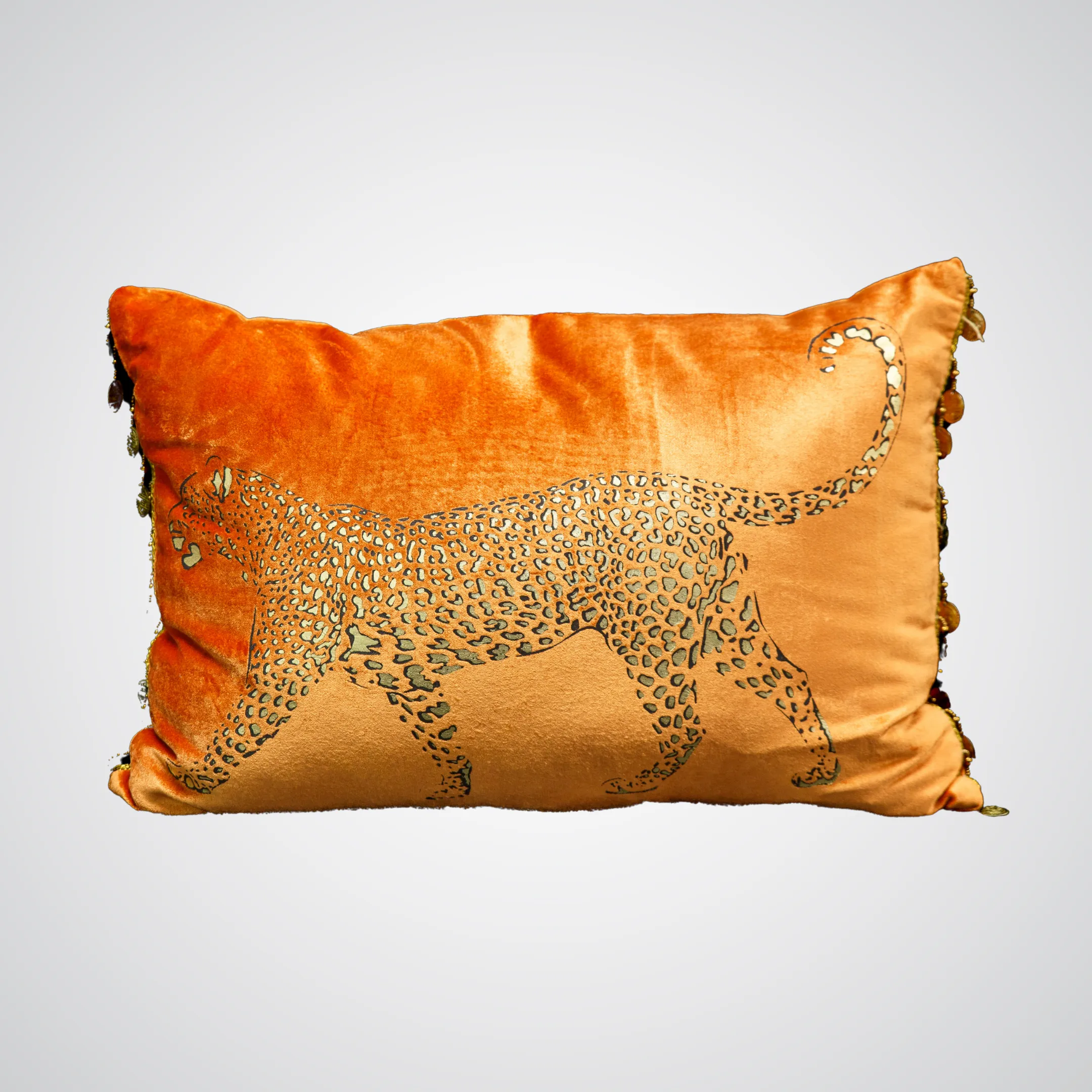 Orange Velvet Cheetah Pillow with Coin Trim