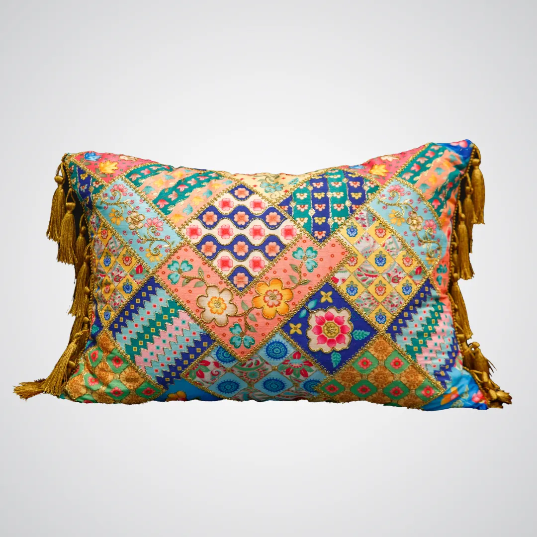 Patchwork Pastel Pillow with Gold Tassels