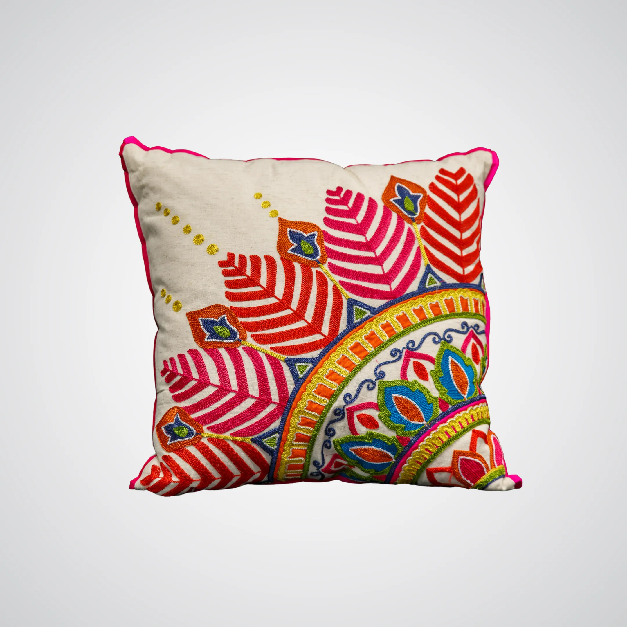 Embroidered Leaf Mandala Pillow