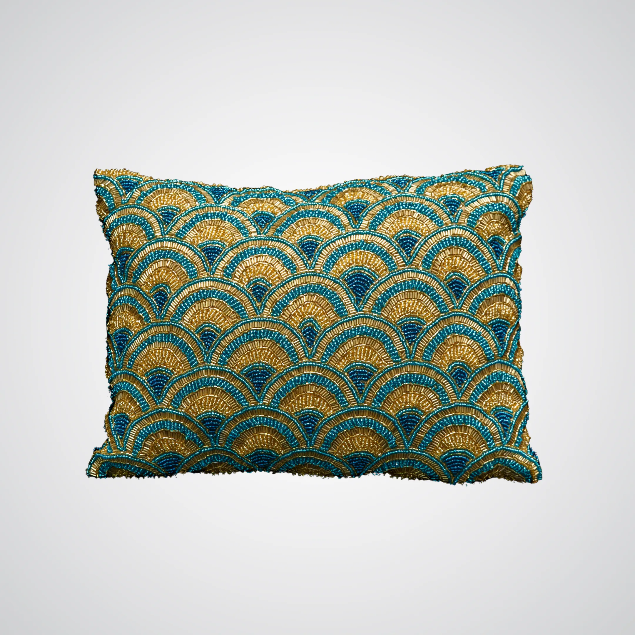 Fully Beaded Blue and Gold Pillow
