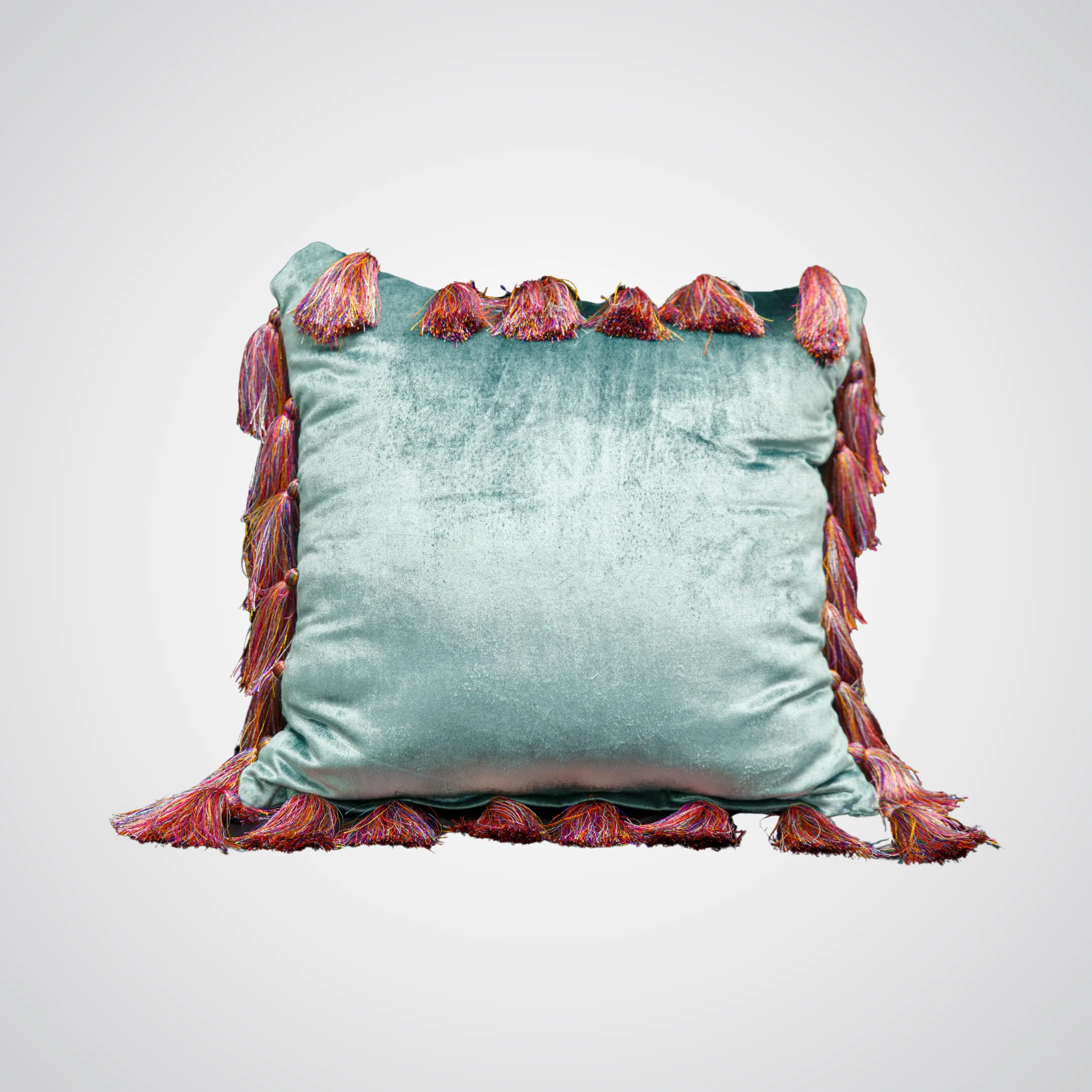 Light Blue Velvet Pillow with Rainbow Tassels