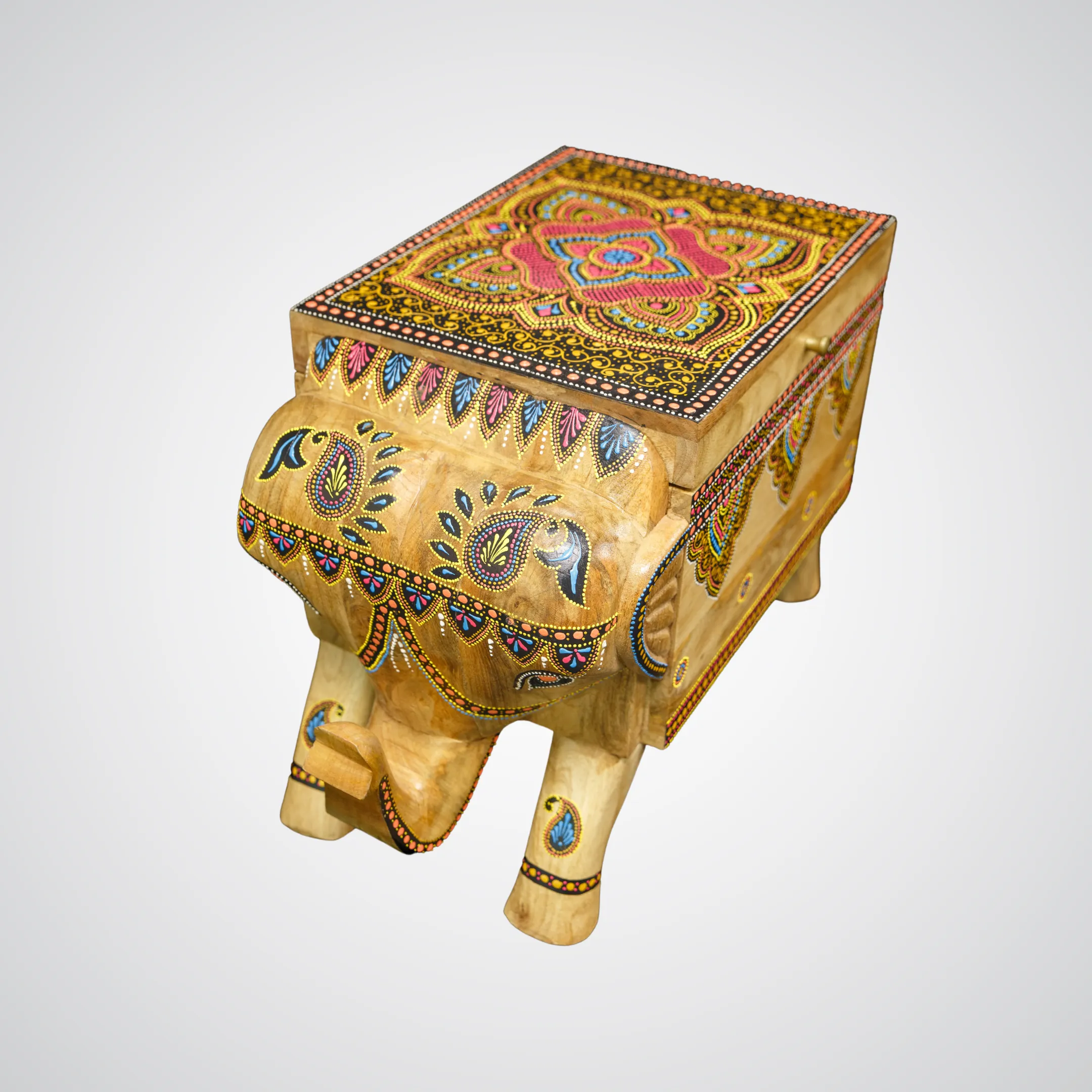 Wooden Elephant Ottoman Mandala Painted