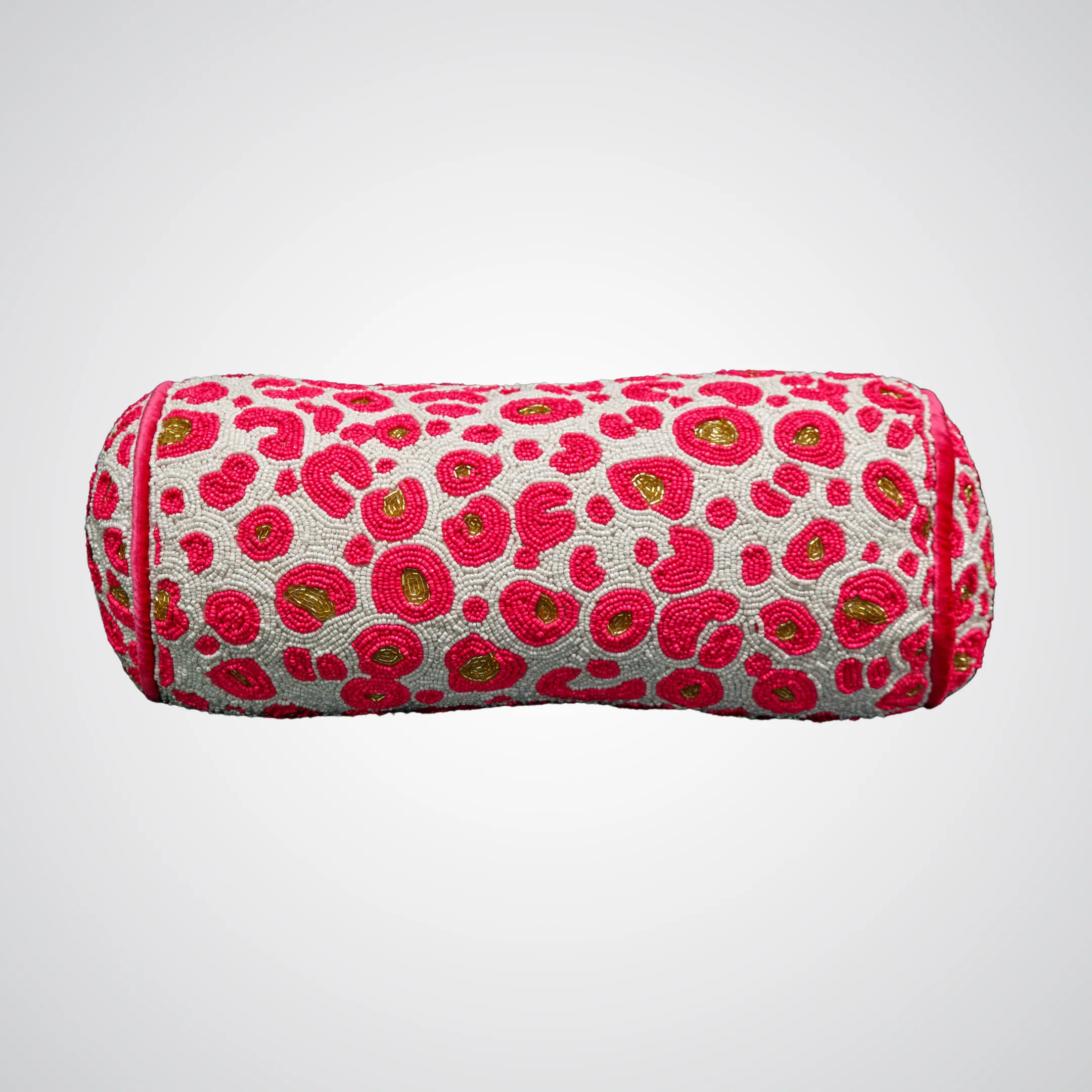 Fully Beaded Pink and White Cheetah Cylinder Pillow