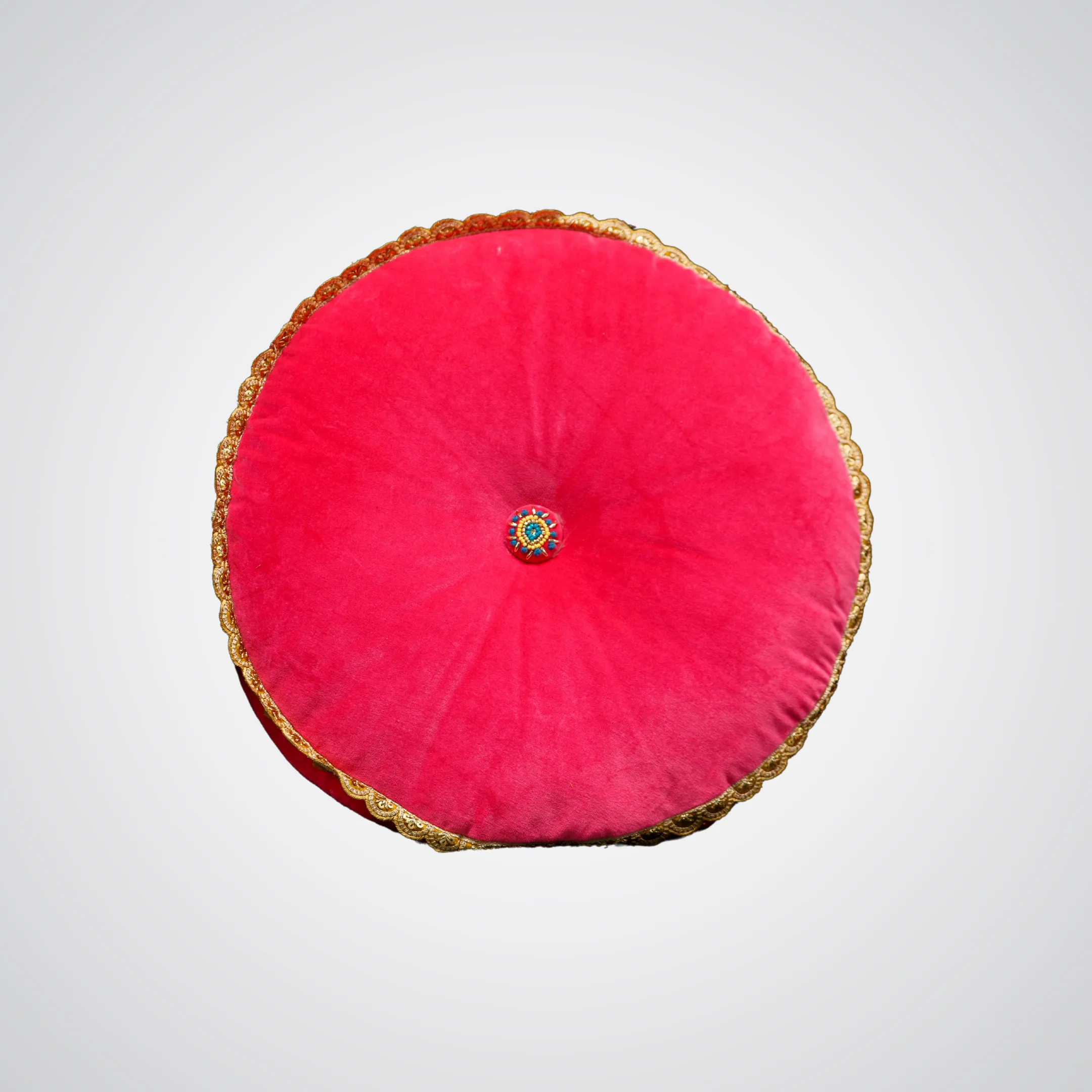 Pink Circle Pillow with Beaded Center and Gold Trim