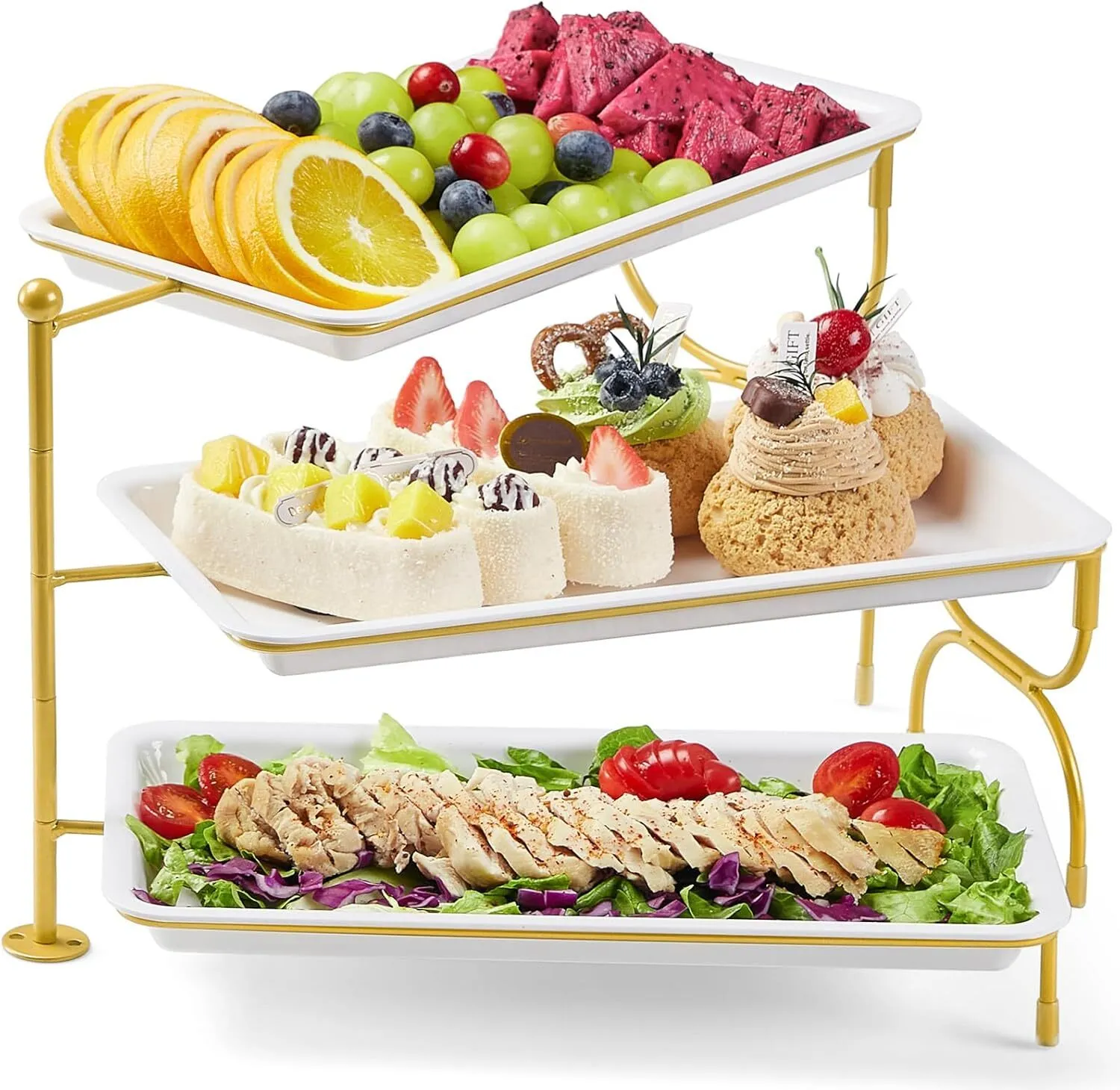 Plateau de Service avec 3 Plats, Plateau Repas Amovible, Grand Plateau Plastique Rectangulaire