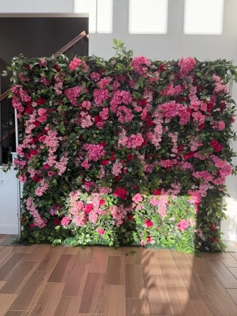 Green Flower Wall with Pink Flowers
