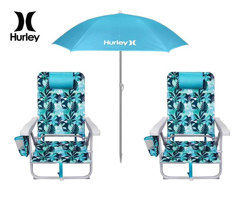 Team Hurley - (Beach Bundle: 2 Hurley Backpack Beach Chairs and 1 Hurley Umbrella)