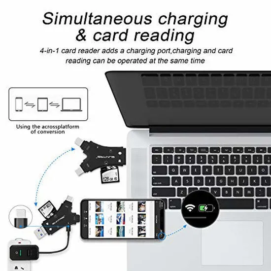 SD Card Reader for iPhone/ipad/Android/Mac/Computer/Camera,4 in1 Micro SD Card Reader Trail Camera Viewer, Portable Memory Card Reader SD Card Adapter for SD and TF Cards (Black)