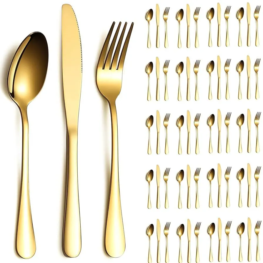 ReaNea Gold Cutlery Set Stainless Steel Titanium Gold Flatware Set Include Knives Spoon Forks Set, Silverware Set, Serving Utensil S