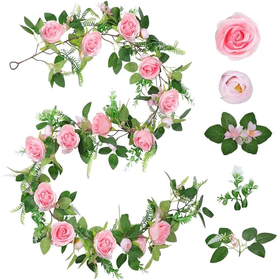 1 String of Artificial Eucalyptus Wreath with Roses, Artificial Rose Green Leaf Wreath Flower Vine, Suitable for Wedding, Family Gathering, Table Flag Decoration, Encrypted Type